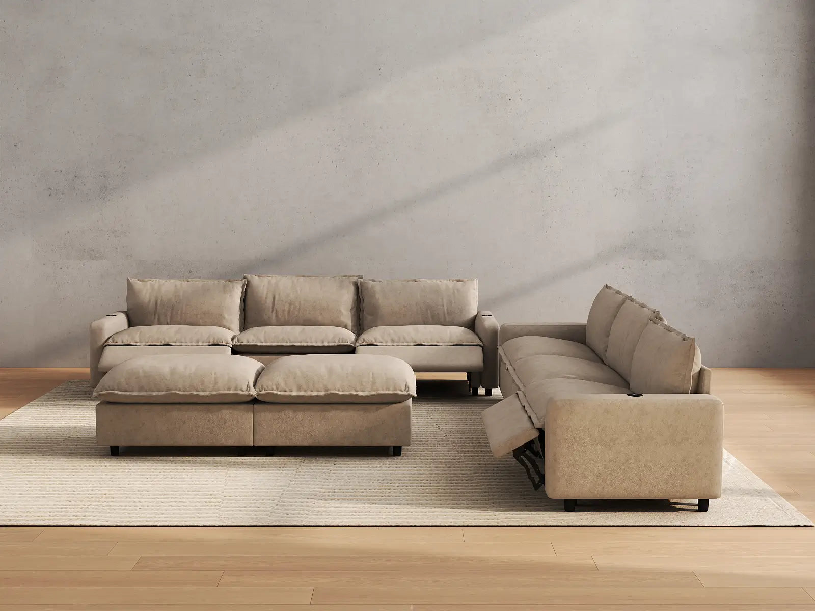 Modular Cero Reclining Sofa and Recliner Set | 8-Piece Khaki Linen Open Plan Sofa Sets 6-Seater with 2-Ottomans