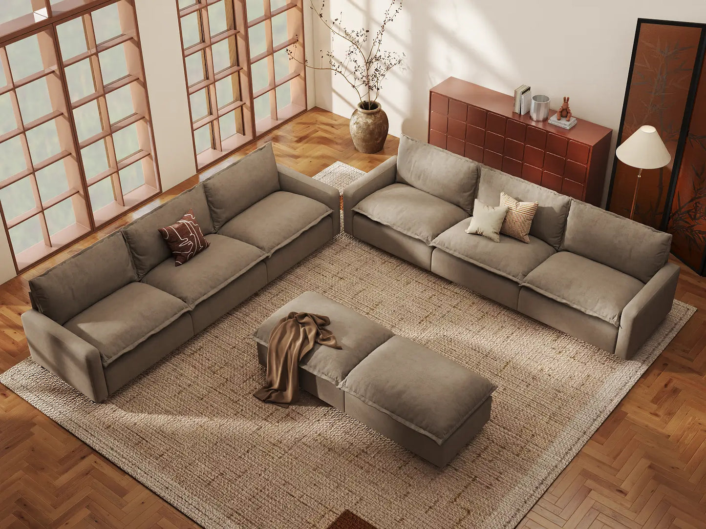 Modular Cero Modular Sectionals | 8-Piece Khaki Linen Open Plan Sofa Sets 6-Seater with 2-Ottomans