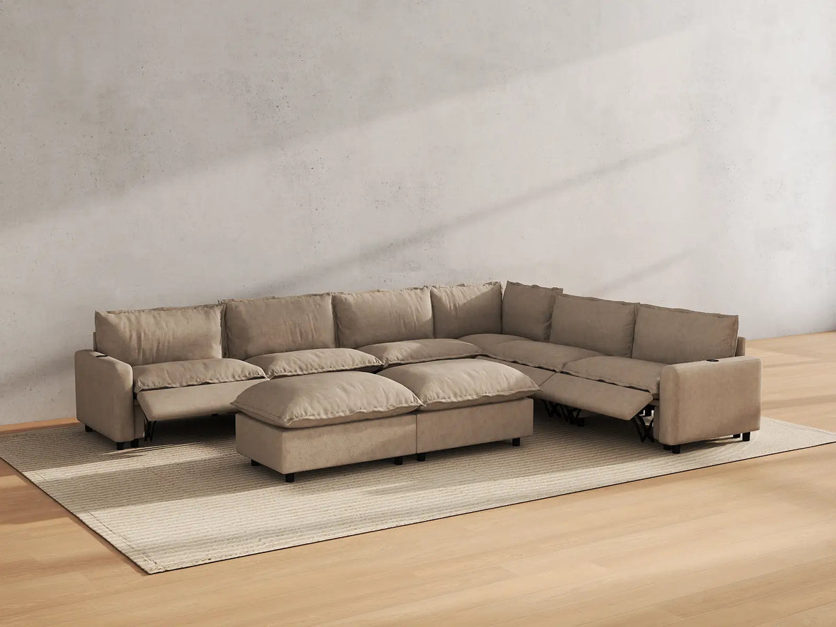 Modular Cero Reclining Sectionals | 8-Piece Khaki Linen Open Plan Sofa Sets 6-Seater with 2-Ottomans