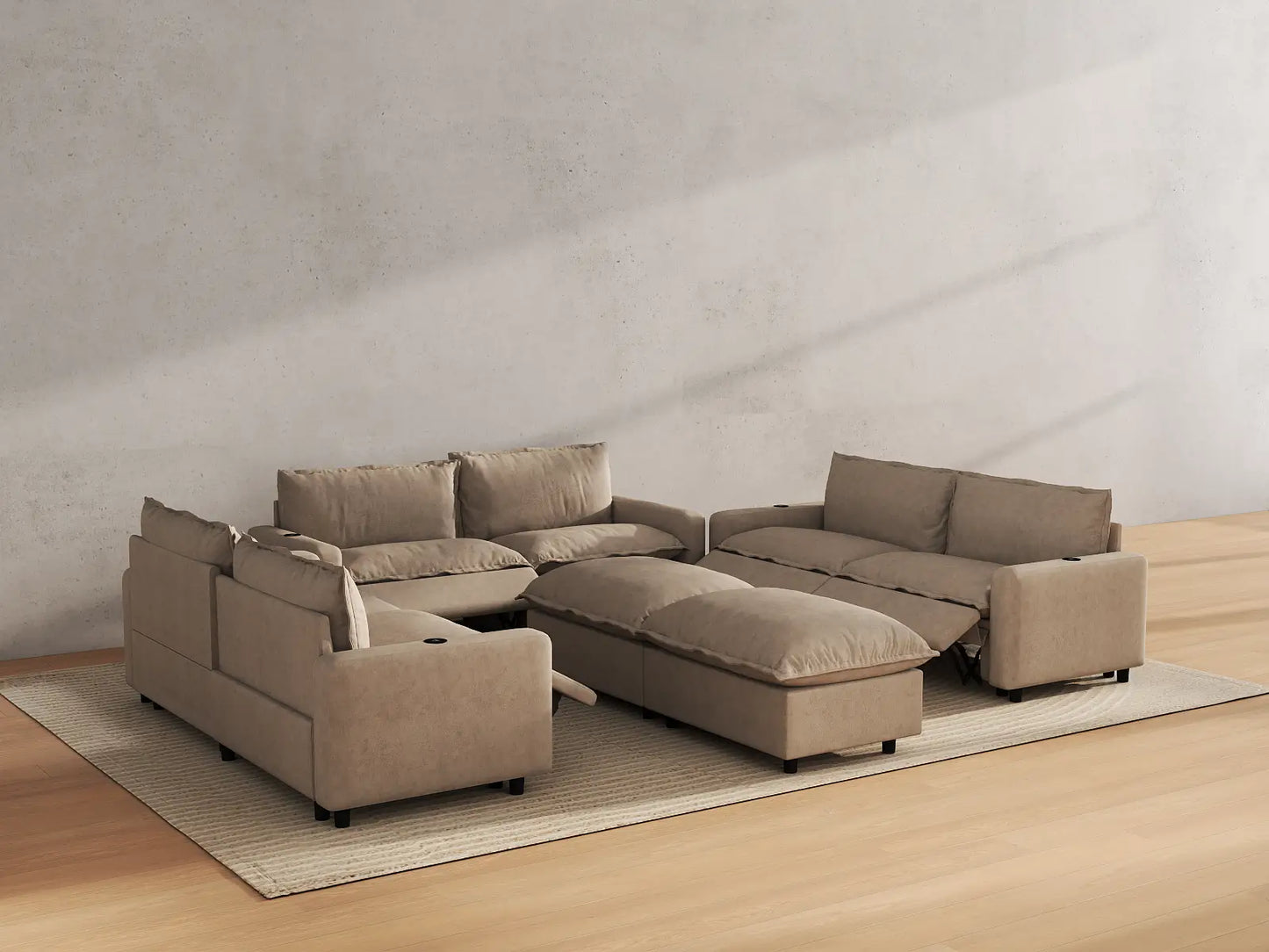 Modular Cero Reclining Sectionals | 8-Piece Khaki Linen Open Plan Sofa Sets 6-Seater with 2-Ottomans