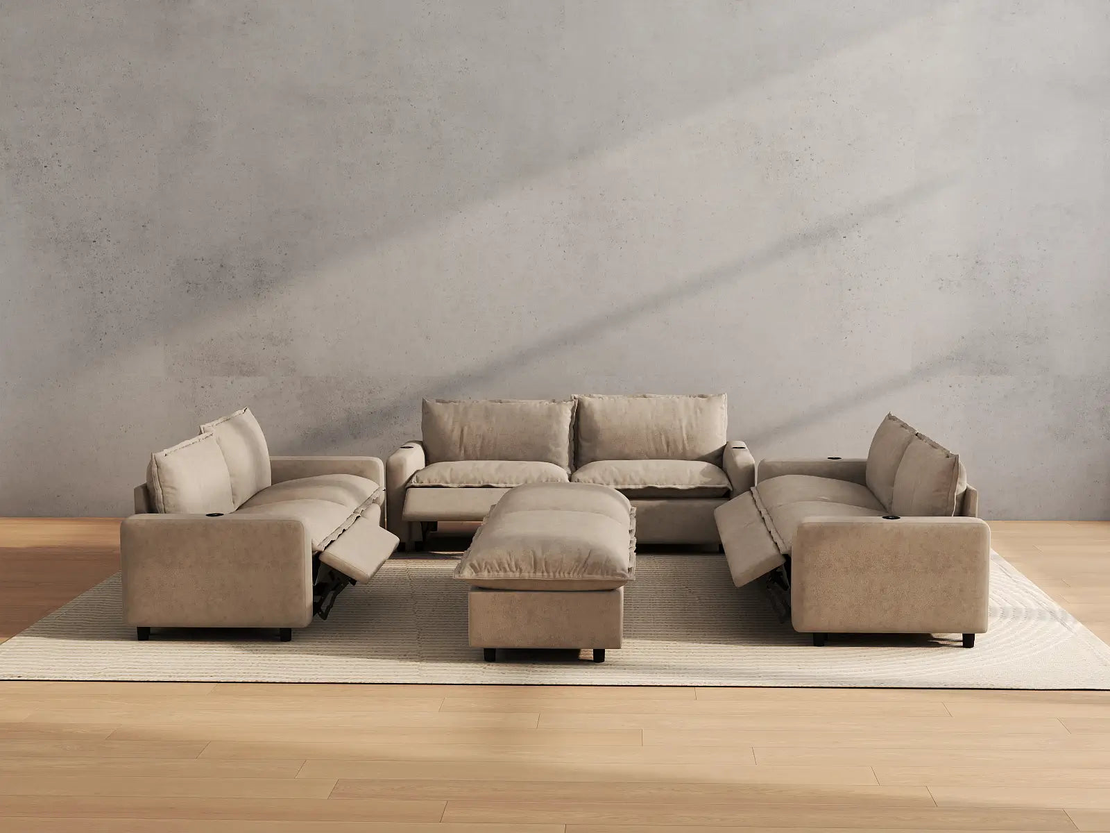 Modular Cero Reclining Sectionals | 8-Piece Khaki Linen Open Plan Sofa Sets 6-Seater with 2-Ottomans