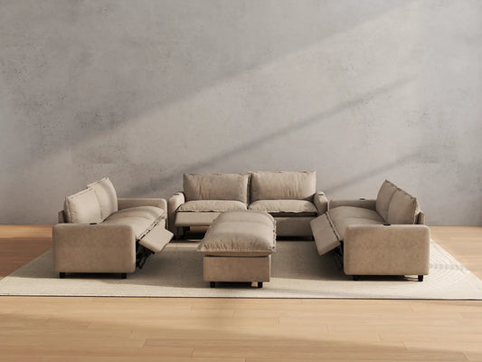 Modular Cero Reclining Sectionals | 8-Piece Khaki Linen Open Plan Sofa Sets 6-Seater with 2-Ottomans