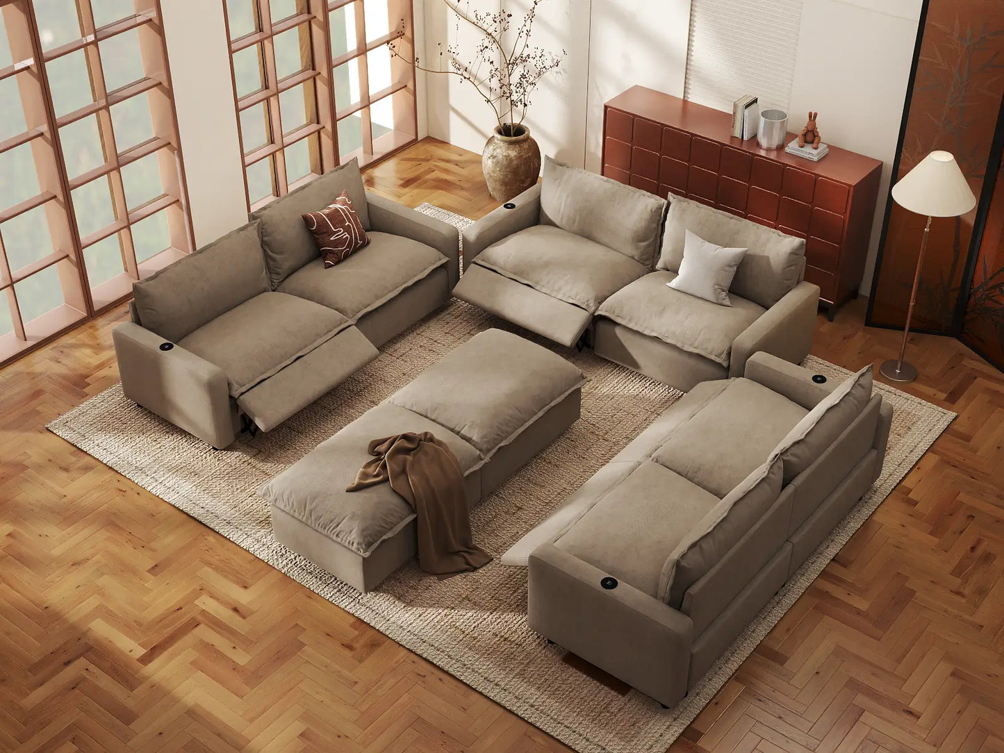 Modular Cero Reclining Sectionals | 8-Piece Khaki Linen Open Plan Sofa Sets 6-Seater with 2-Ottomans