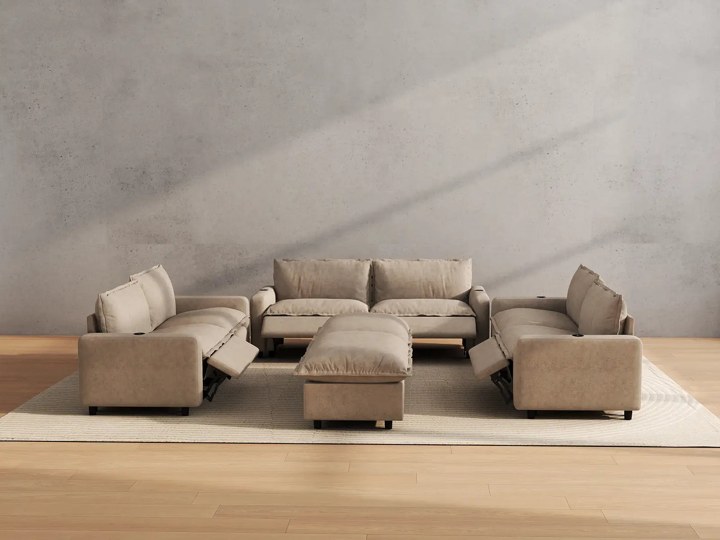 Modular Cero Reclining Sectionals | 8-Piece Khaki Linen Open Plan Sofa Sets 6-Seater with 2-Ottomans