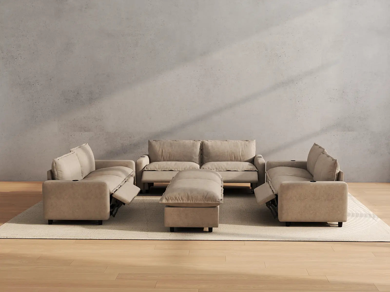 Modular Cero Reclining Sectionals | 8-Piece Khaki Linen Open Plan Sofa Sets 6-Seater with 2-Ottomans