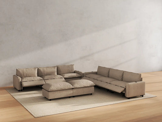 Modular Cero Reclining Sectionals | 8-Piece Khaki Linen Open Plan Sofa Sets 6-Seater with 2-Ottomans