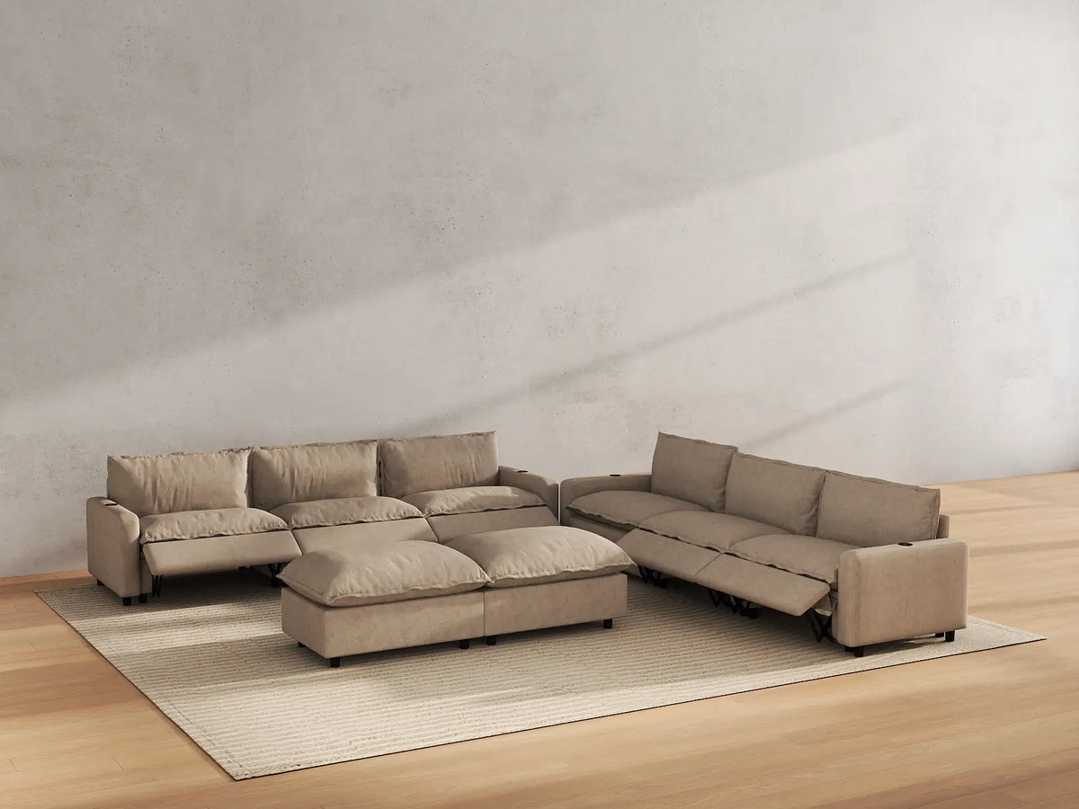 Modular Cero Reclining Sectionals | 8-Piece Khaki Linen Open Plan Sofa Sets 6-Seater with 2-Ottomans