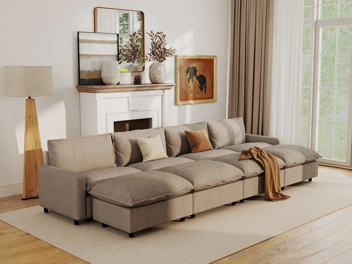 Modular Cero Modular Sectionals | 8-Piece Khaki Linen Open Space Pit Sectionals 4-Seater with 4-Ottomans
