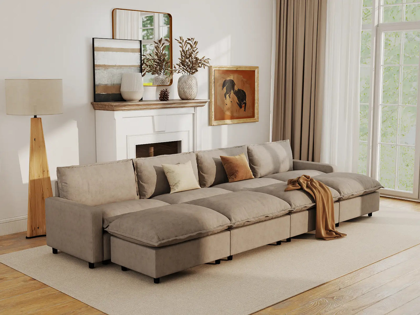 Modular Cero Modular Sectionals | 8-Piece Khaki Linen Open Space Pit Sectionals 4-Seater with 4-Ottomans