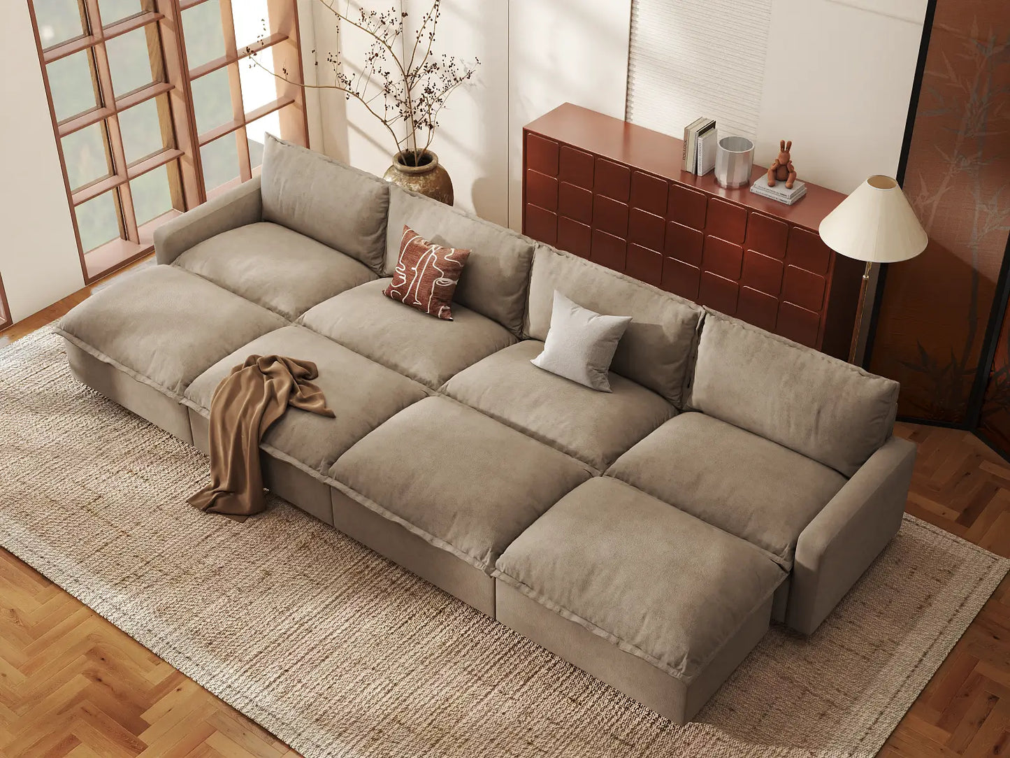 Modular Cero Modular Sectionals | 8-Piece Khaki Linen Open Space Pit Sectionals 4-Seater with 4-Ottomans