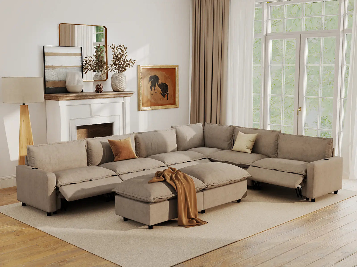 Modular Cero Reclining Sectionals | 8-Piece Khaki Linen Open Space Sofa Sets 6-Seater with 2-Ottomans