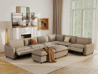 Modular Cero Reclining Sectionals | 8-Piece Khaki Linen Open Space Sofa Sets 6-Seater with 2-Ottomans