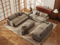 Modular Cero Reclining Sectionals | 8-Piece Khaki Linen Open Space Sofa Sets 6-Seater with 2-Ottomans