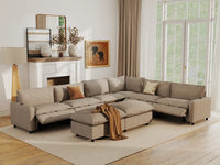 Modular Cero Reclining Sectionals | 8-Piece Khaki Linen Open Space Sofa Sets 6-Seater with 2-Ottomans