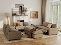 Modular Cero Reclining Sectionals | 8-Piece Khaki Linen Open Space Sofa Sets 6-Seater with 2-Ottomans
