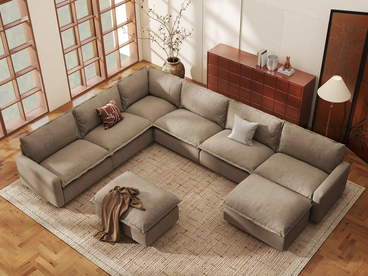 Modular Cero Modular Sectionals | 8-Piece Khaki Linen Open Space Sofa Sets 6-Seater with 2-Ottomans