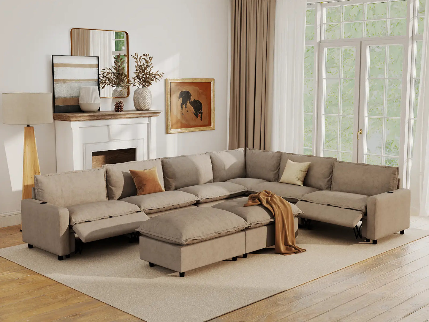 Modular Cero Reclining Sectionals | 8-Piece Khaki Linen Open Space Sofa Sets 6-Seater with 2-Ottomans