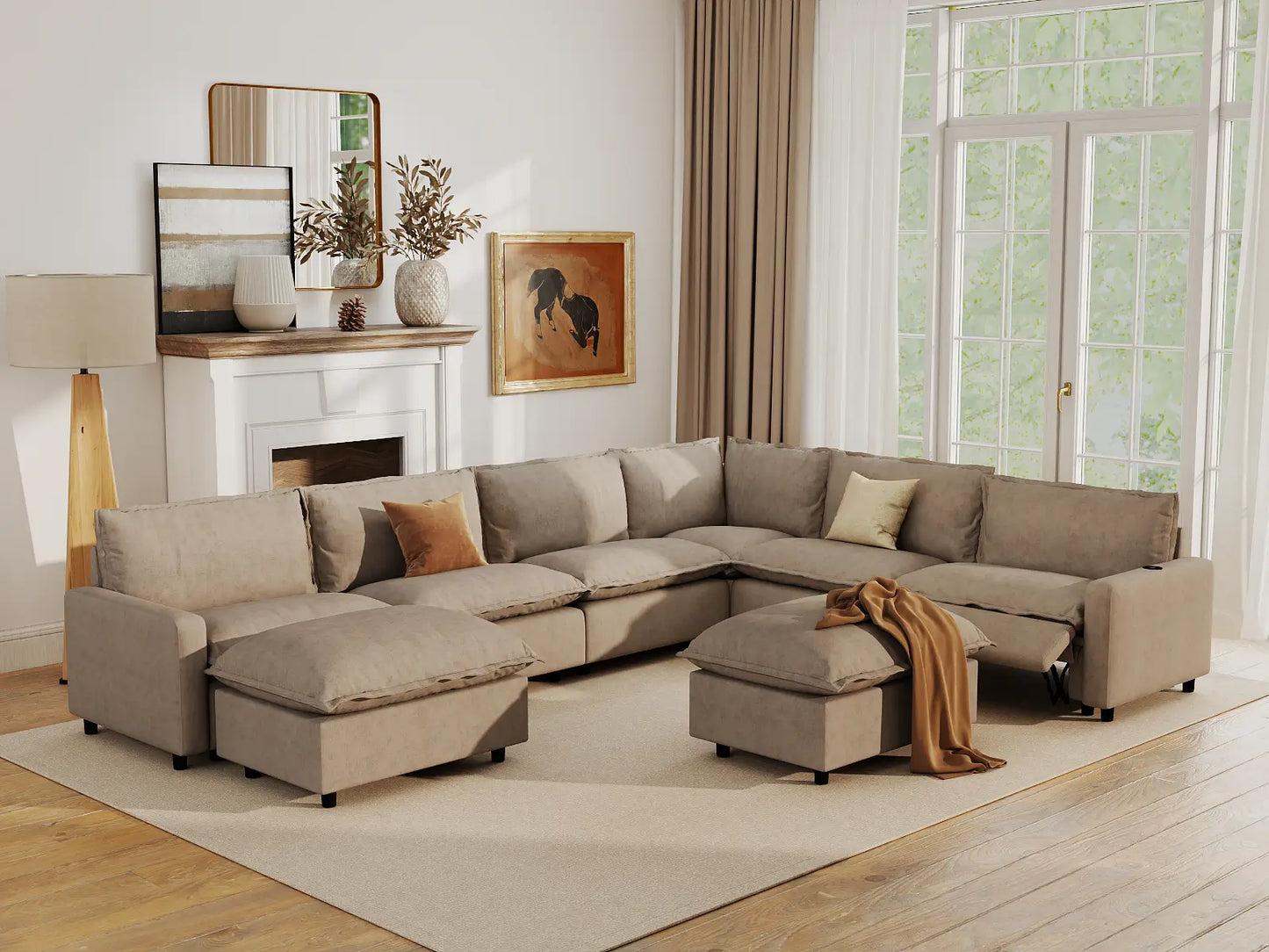 Modular Cero Reclining Sectionals | 8-Piece Khaki Linen Open Space Sofa Sets 6-Seater with 2-Ottomans