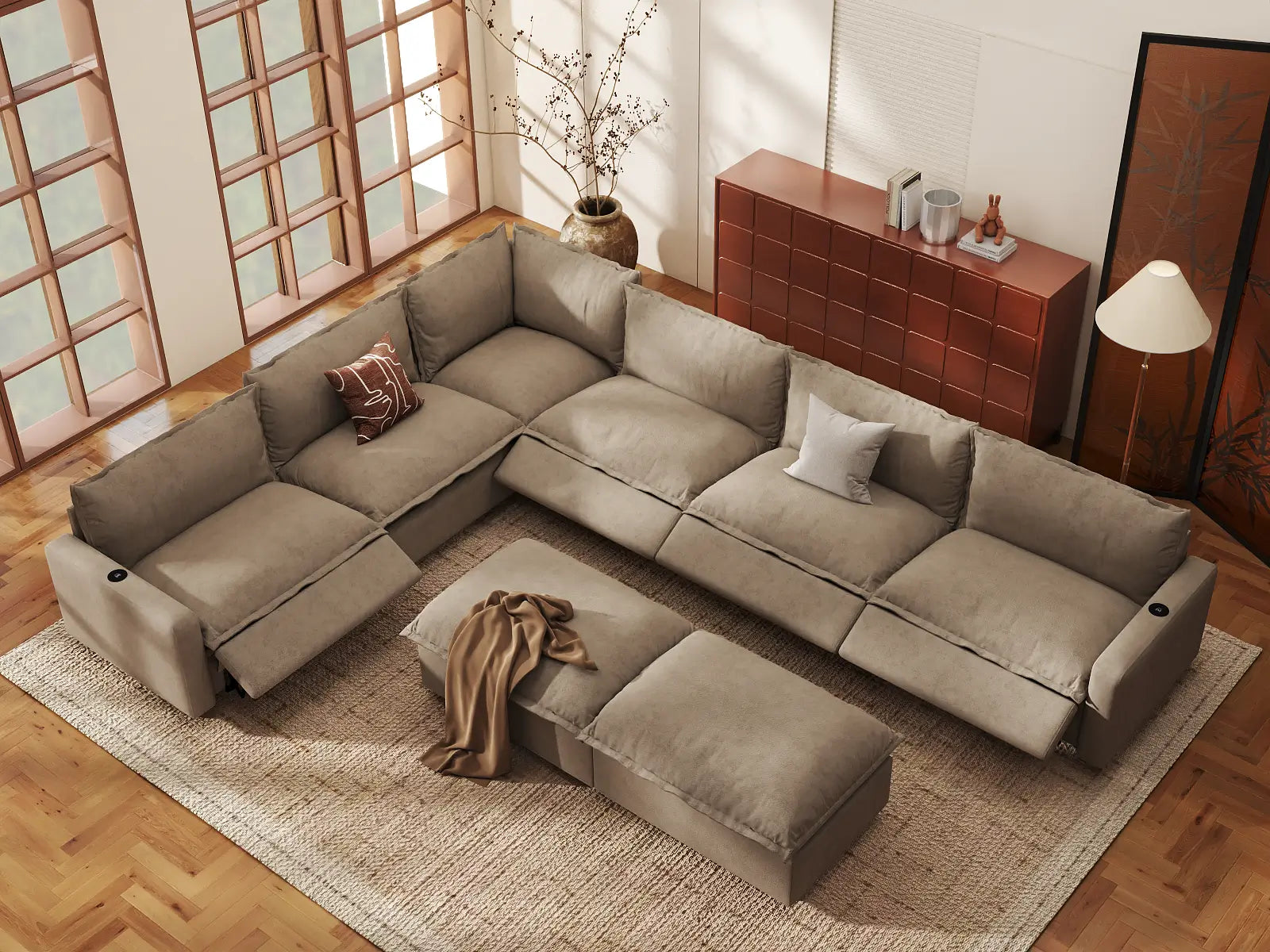 Modular Cero Power Recliner Sofa Set | 8-Piece Khaki Linen Open Space Sofa Sets 6-Seater with 2-Ottomans