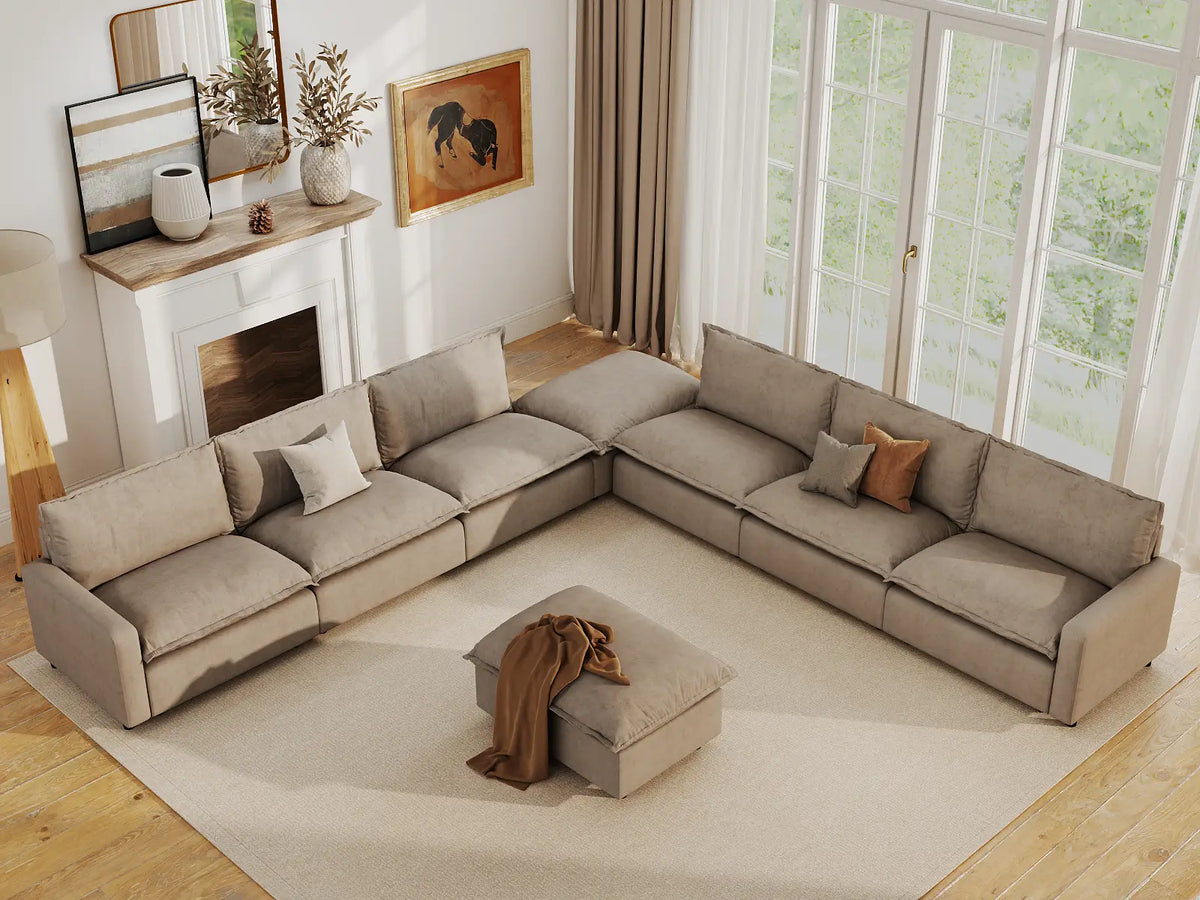 Modular Cero Modular Sectionals | 8-Piece Khaki Linen Open Space Sofa Sets 6-Seater with 2-Ottomans