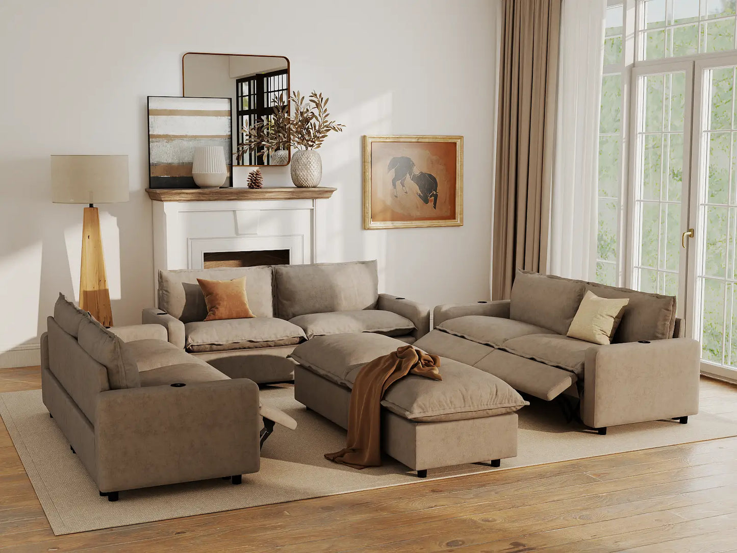 Modular Cero Reclining Sectionals | 8-Piece Khaki Linen Open Space Sofa Sets 6-Seater with 2-Ottomans