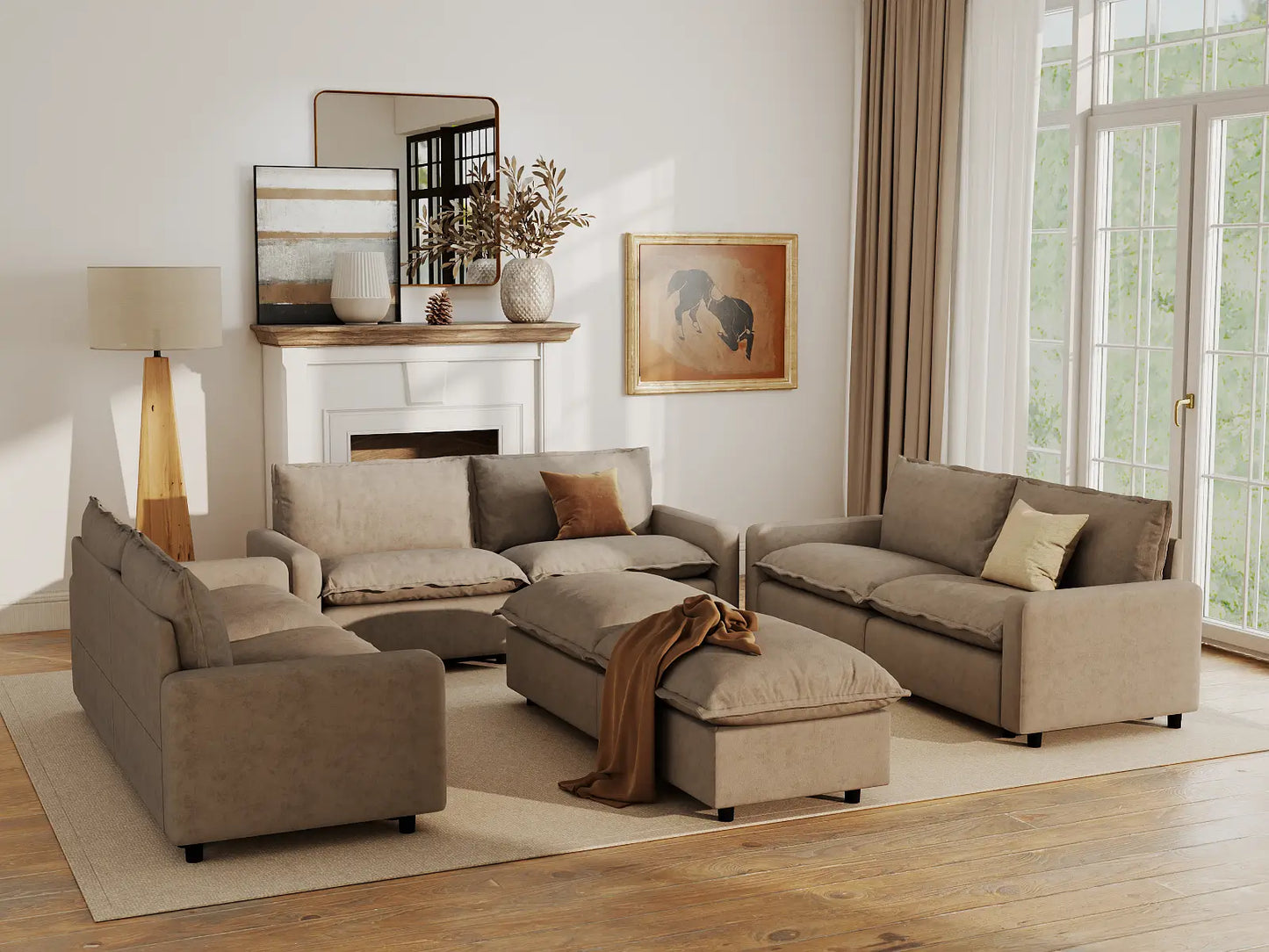 Modular Cero Modular Sectionals | 8-Piece Khaki Linen Open Space Sofa Sets 6-Seater with 2-Ottomans