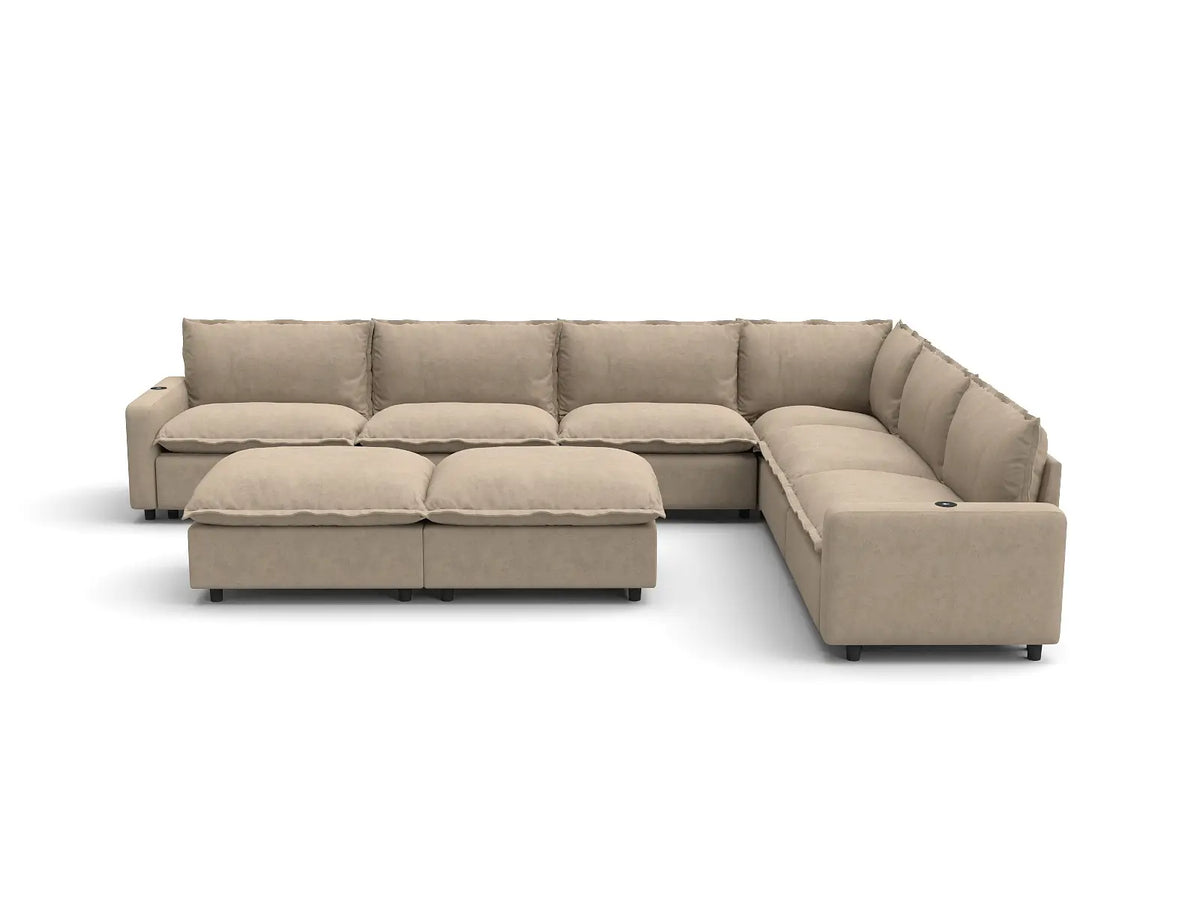 Modular Cero Reclining Sectionals | 8-Piece Khaki Linen Open Space Sofa Sets 6-Seater with 2-Ottomans