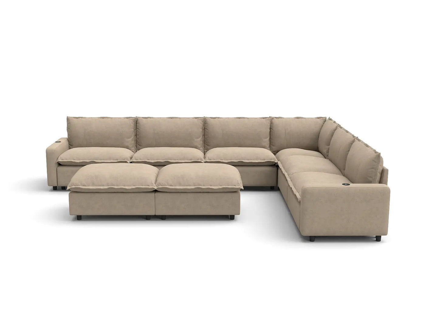 Modular Cero Reclining Sectionals | 8-Piece Khaki Linen Open Space Sofa Sets 6-Seater with 2-Ottomans