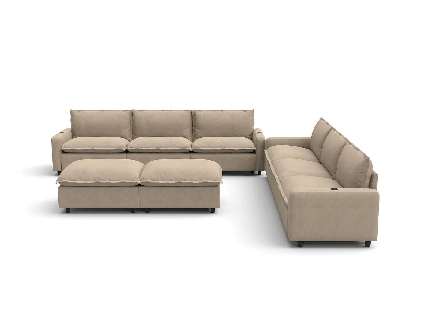 Modular Cero Reclining Sectionals | 8-Piece Khaki Linen Open Space Sofa Sets 6-Seater with 2-Ottomans