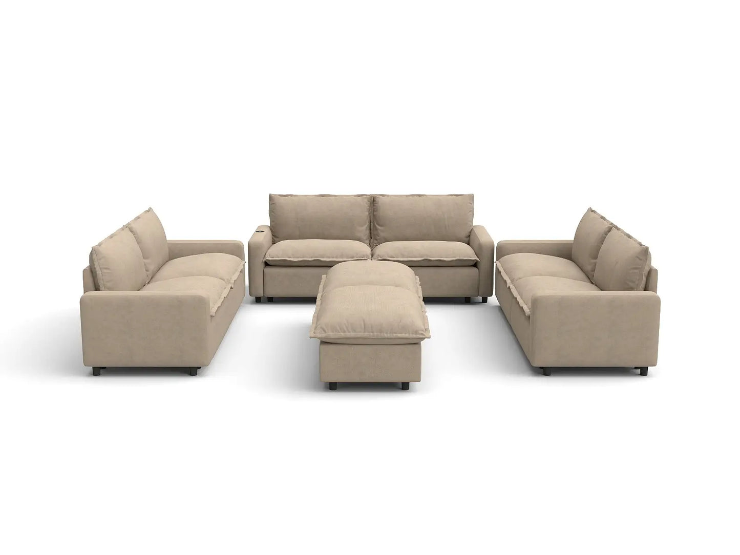 Modular Cero Reclining Sectionals | 8-Piece Khaki Linen Open Space Sofa Sets 6-Seater with 2-Ottomans