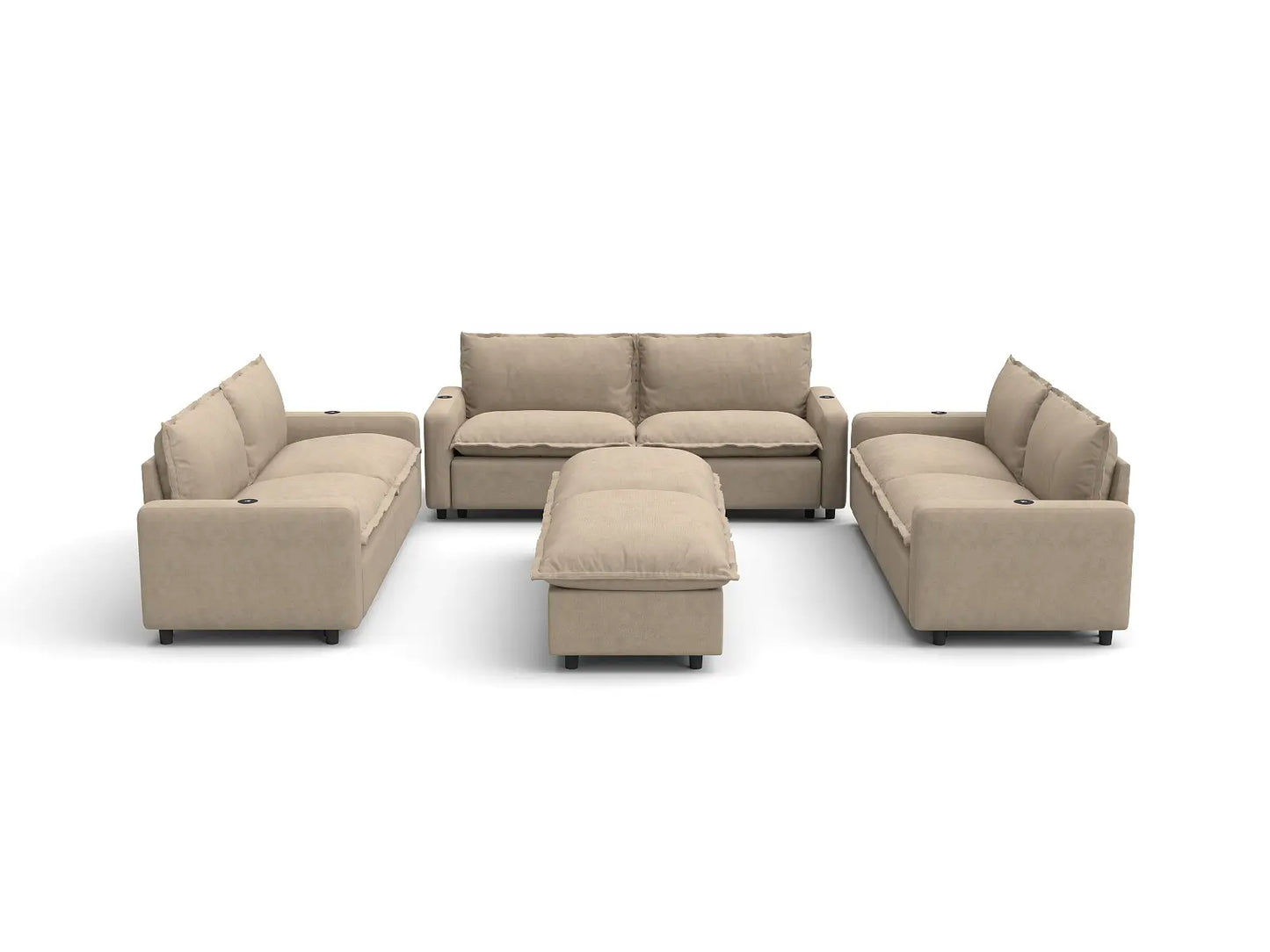 Modular Cero Reclining Sectionals | 8-Piece Khaki Linen Open Space Sofa Sets 6-Seater with 2-Ottomans