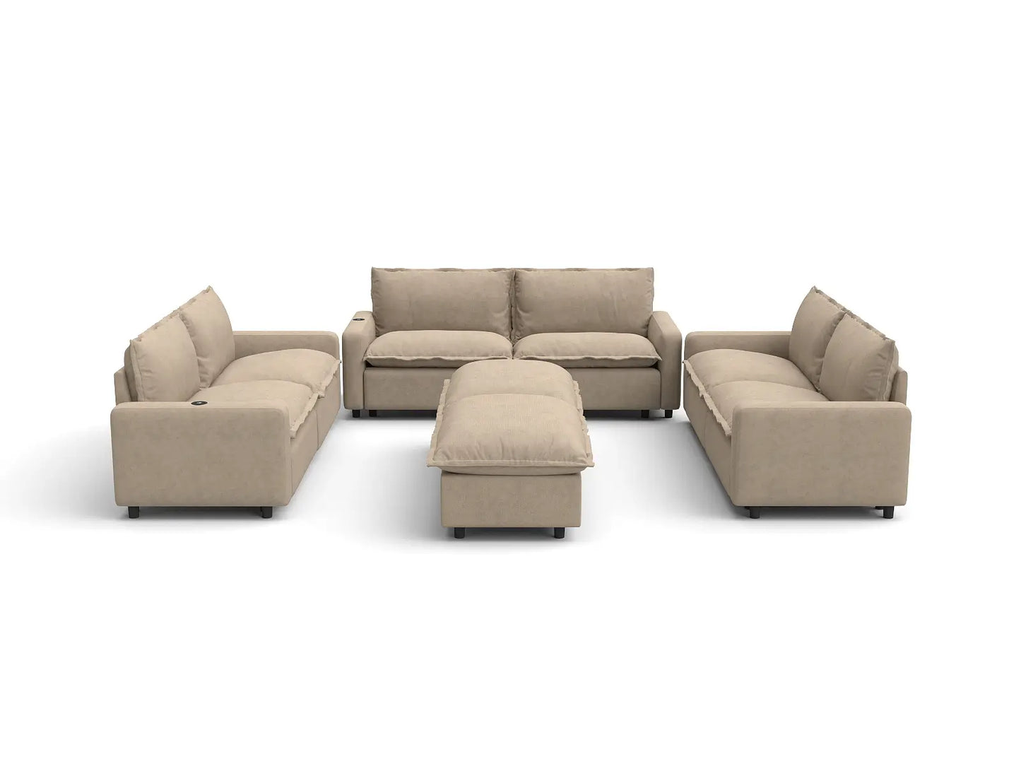 Modular Cero Reclining Sectionals | 8-Piece Khaki Linen Open Space Sofa Sets 6-Seater with 2-Ottomans