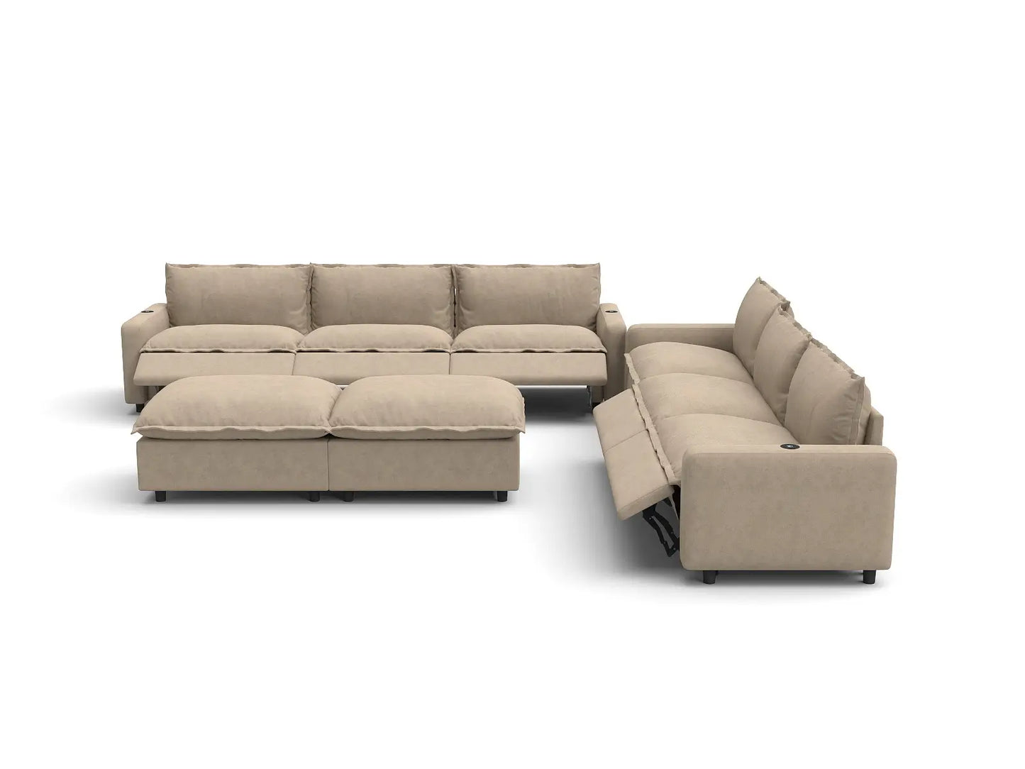 Modular Cero Reclining Sectionals | 8-Piece Khaki Linen Open Space Sofa Sets 6-Seater with 2-Ottomans