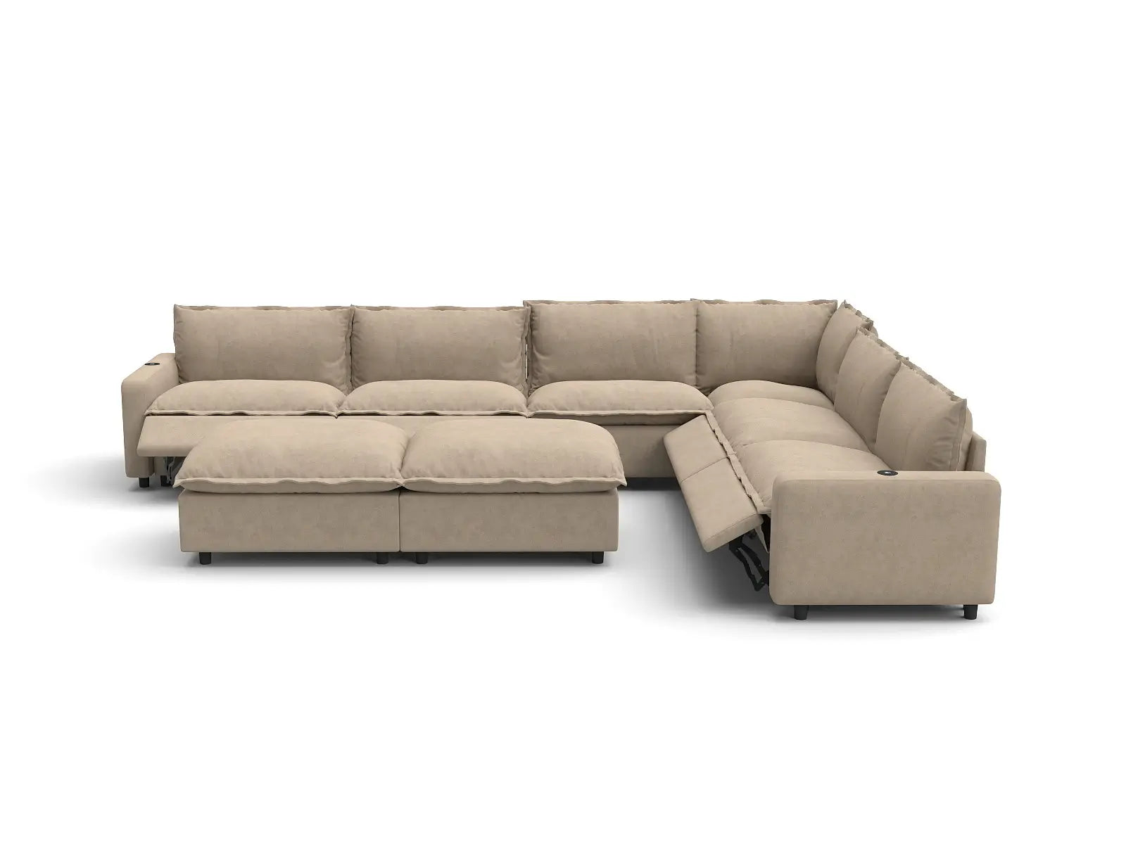 Modular Cero Recliner and Sofa Set | 8-Piece Khaki Linen Open Space Sofa Sets 6-Seater with 2-Ottomans