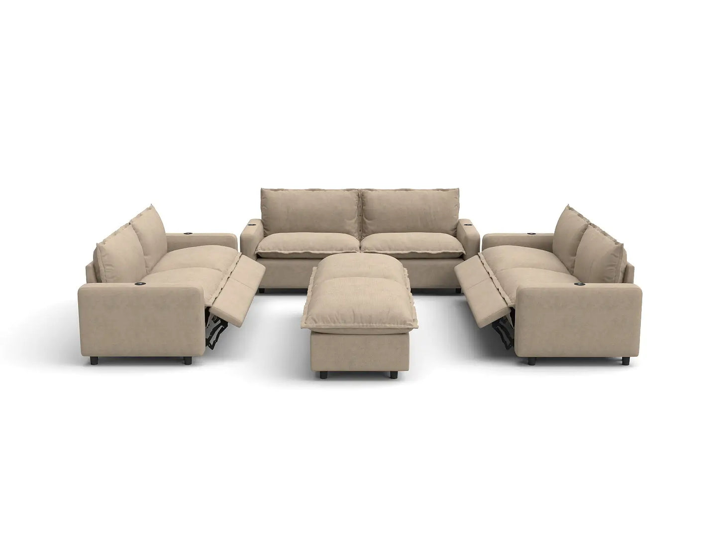 Modular Cero Reclining Sectionals | 8-Piece Khaki Linen Open Space Sofa Sets 6-Seater with 2-Ottomans