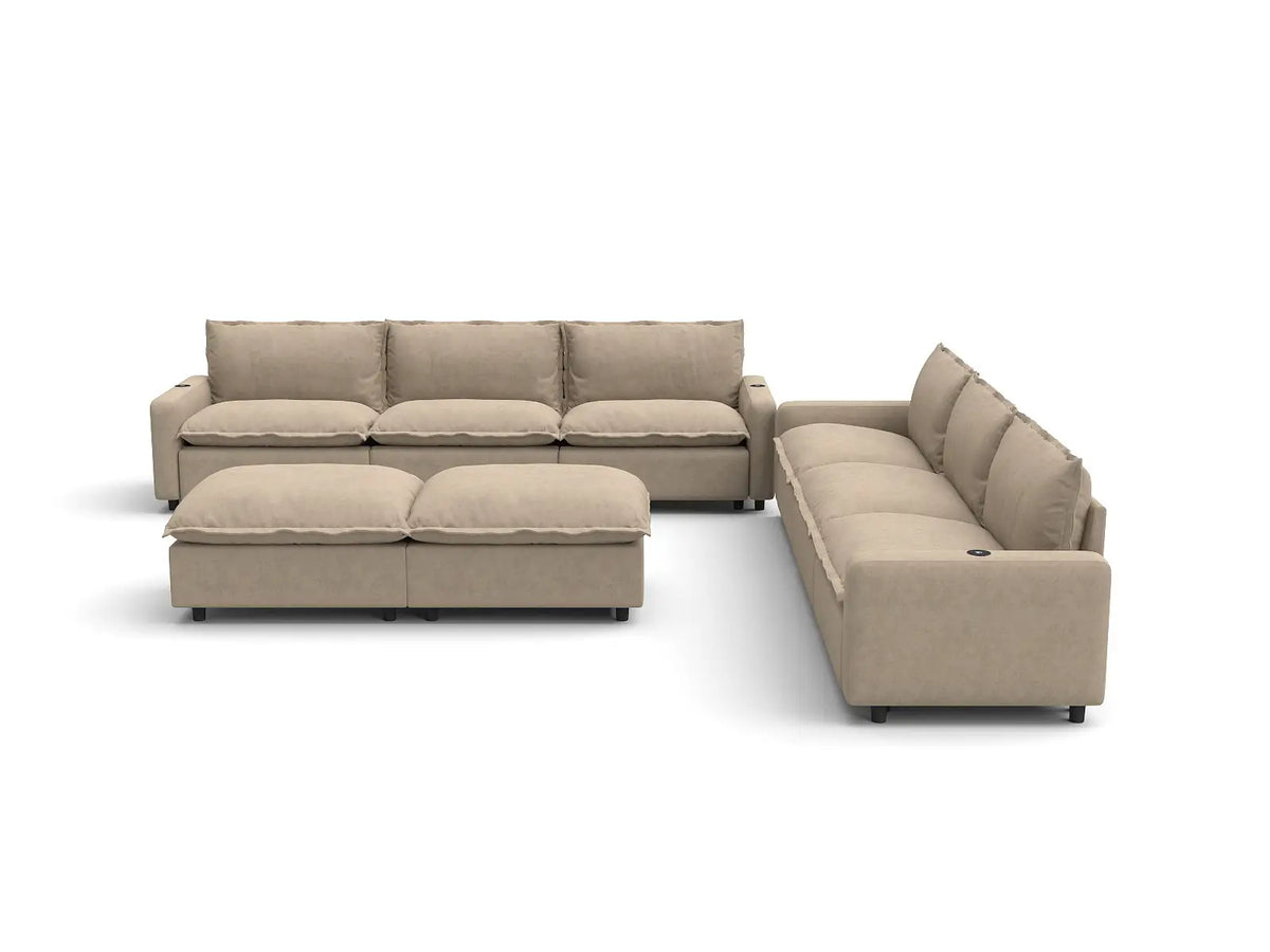 Modular Cero Reclining Sectionals | 8-Piece Khaki Linen Open Space Sofa Sets 6-Seater with 2-Ottomans