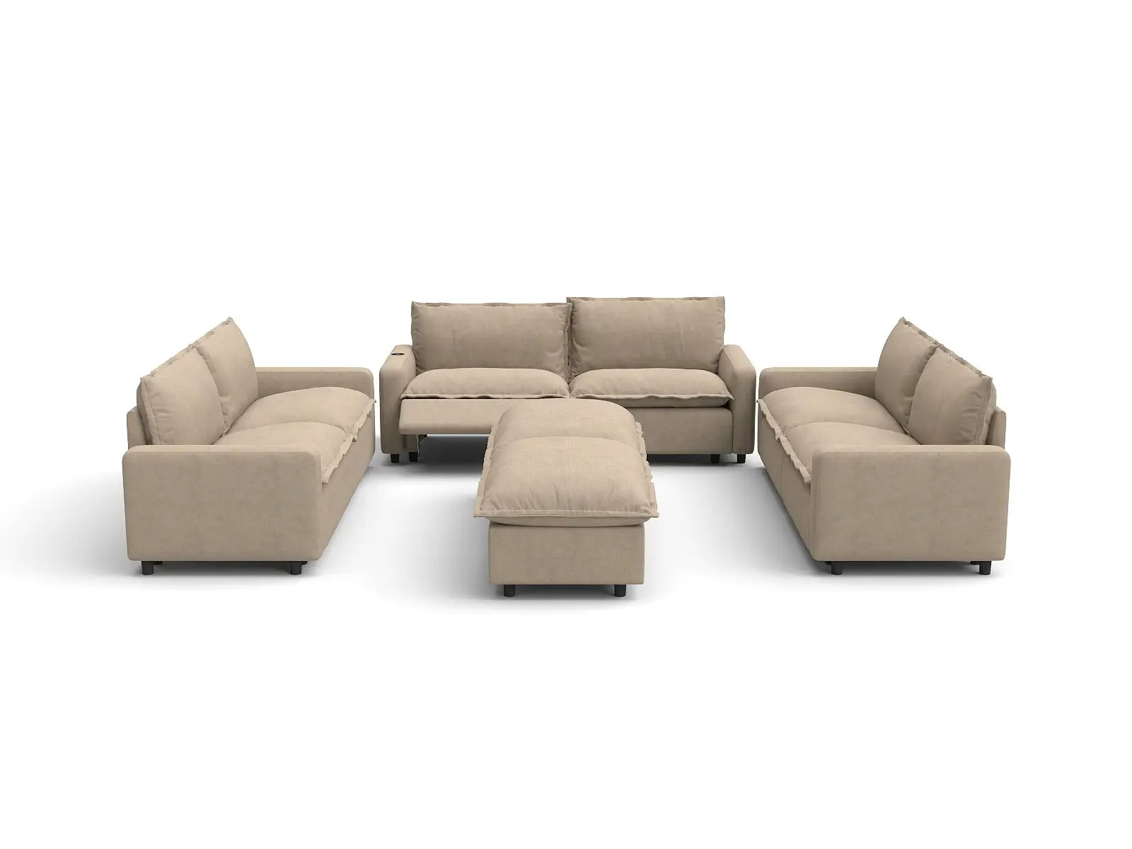 Modular Cero Reclining Sectionals | 8-Piece Khaki Linen Open Space Sofa Sets 6-Seater with 2-Ottomans