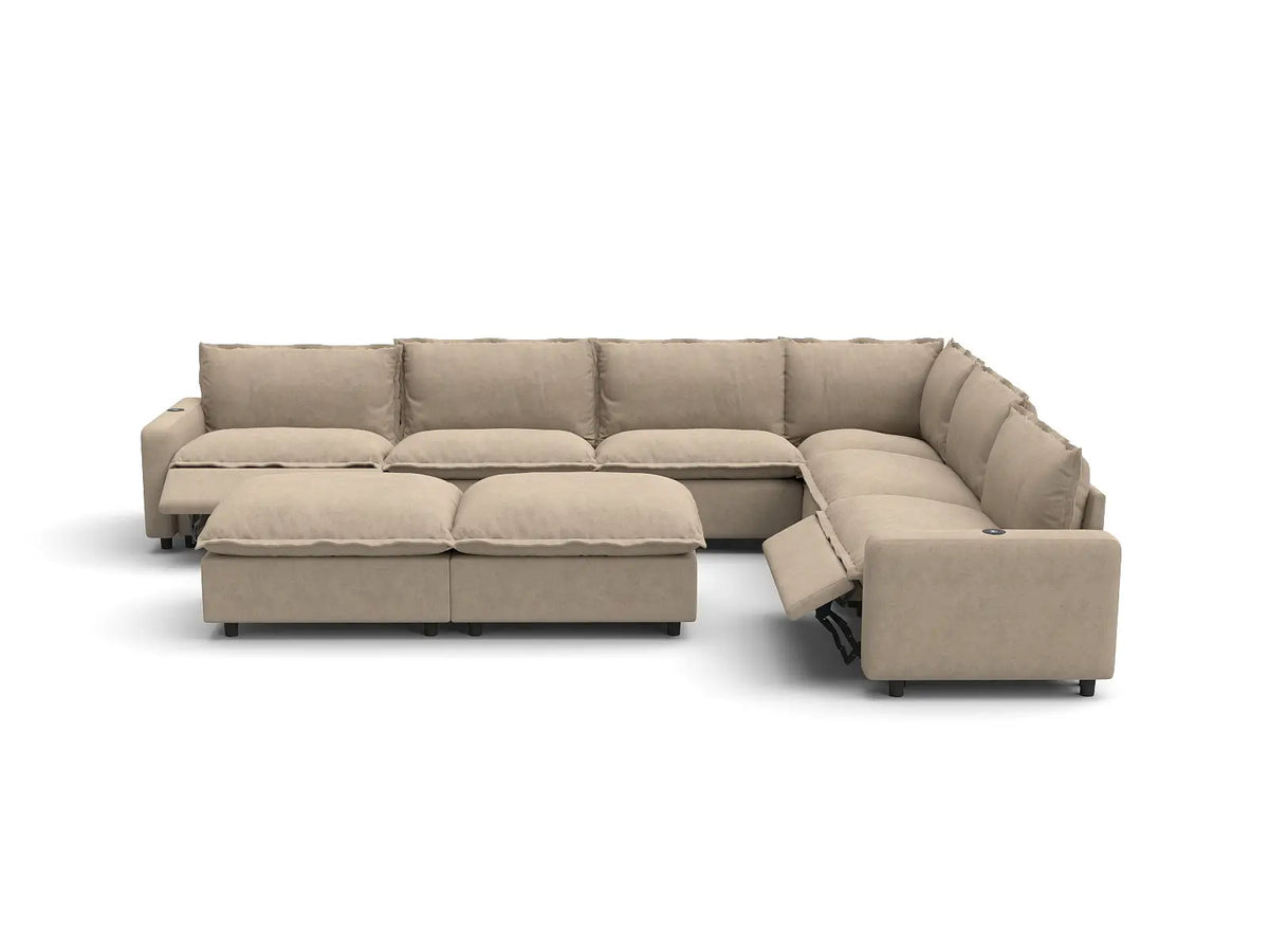 Modular Cero Reclining Sectionals | 8-Piece Khaki Linen Open Space Sofa Sets 6-Seater with 2-Ottomans