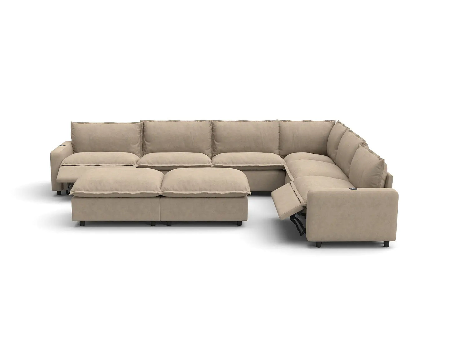 Modular Cero Reclining Sectionals | 8-Piece Khaki Linen Open Space Sofa Sets 6-Seater with 2-Ottomans