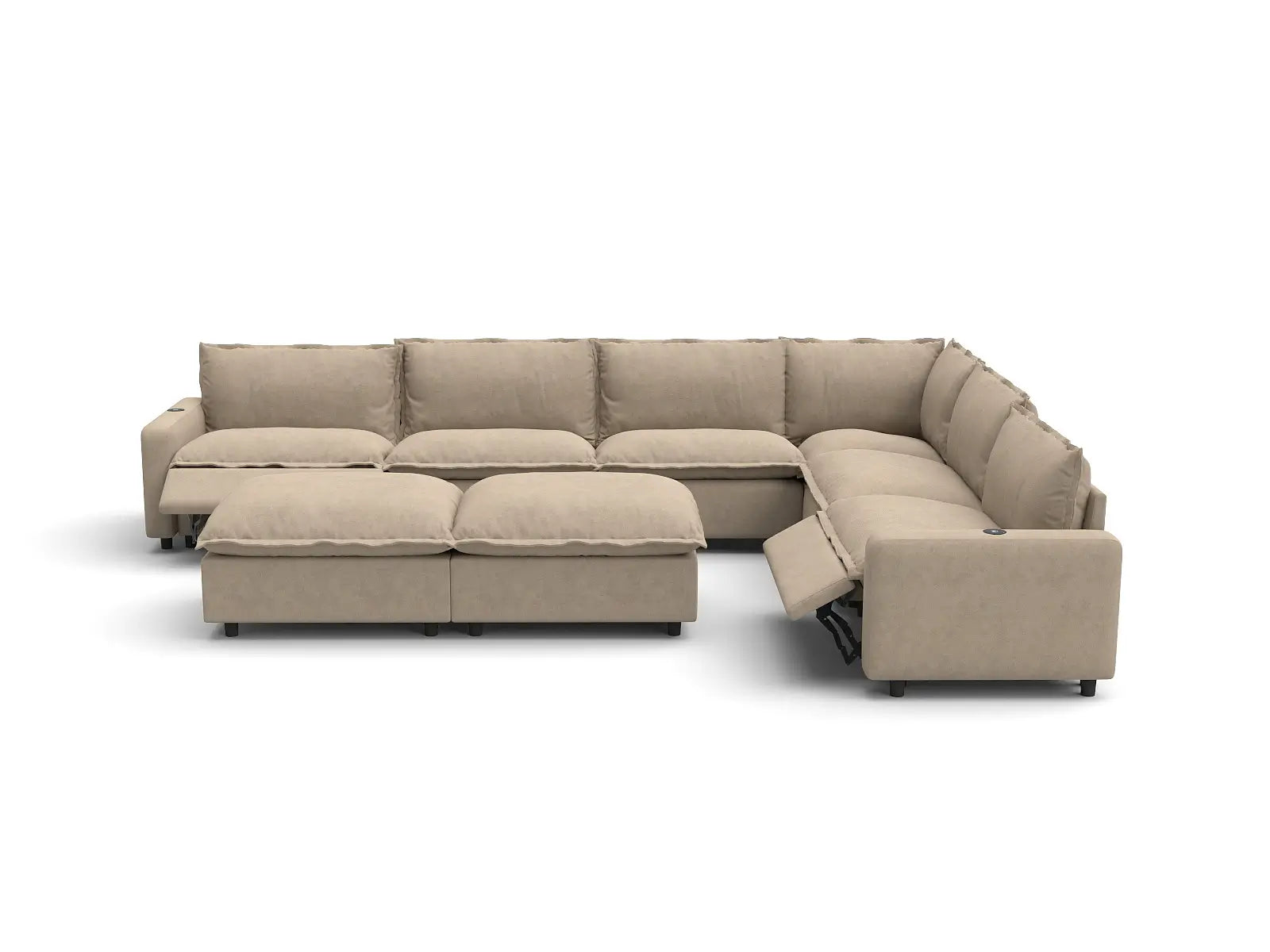 Modular Cero Power Reclining Sofa Set | 8-Piece Khaki Linen Open Space Sofa Sets 6-Seater with 2-Ottomans