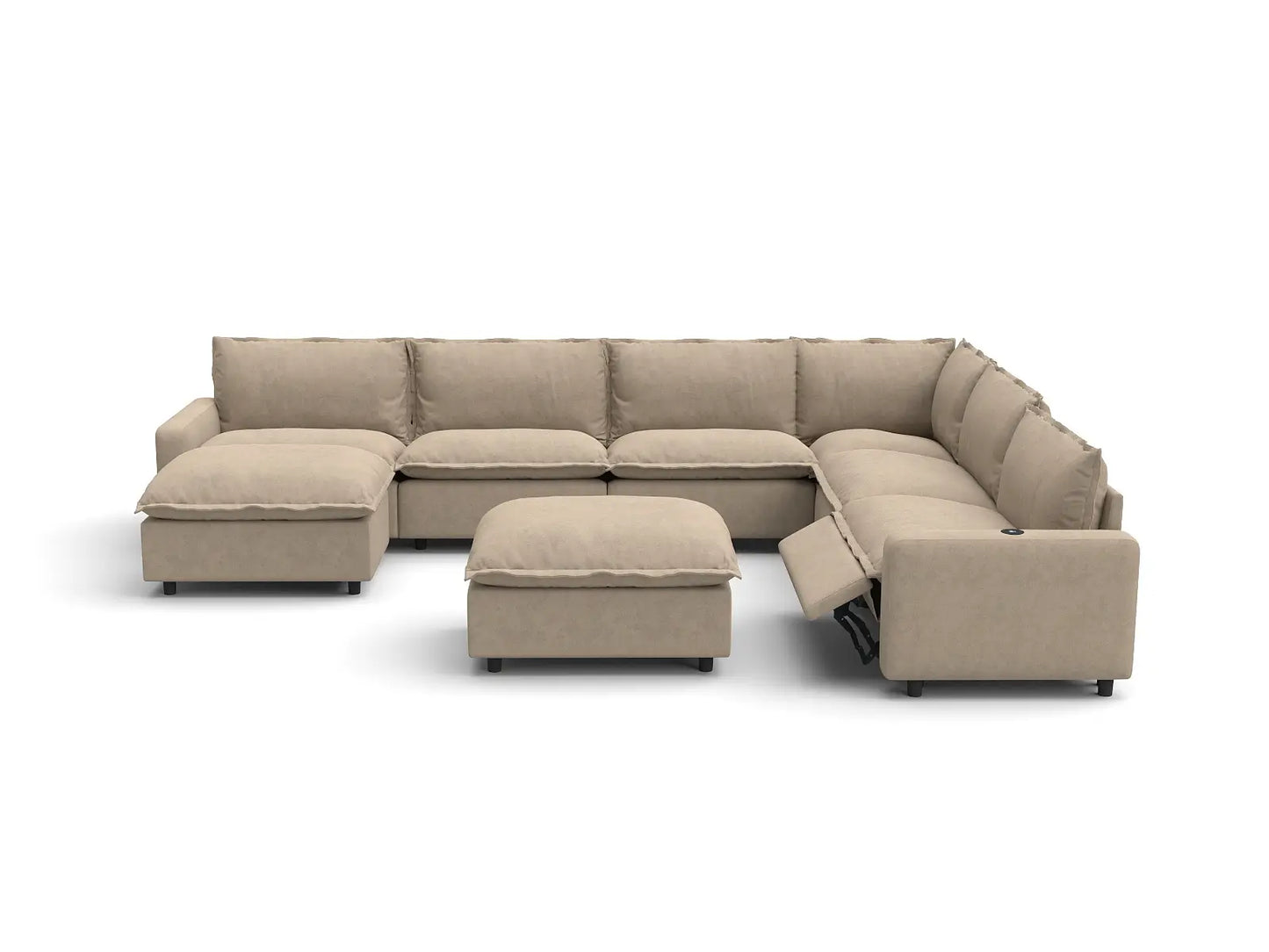 Modular Cero Reclining Sectionals | 8-Piece Khaki Linen Open Space Sofa Sets 6-Seater with 2-Ottomans