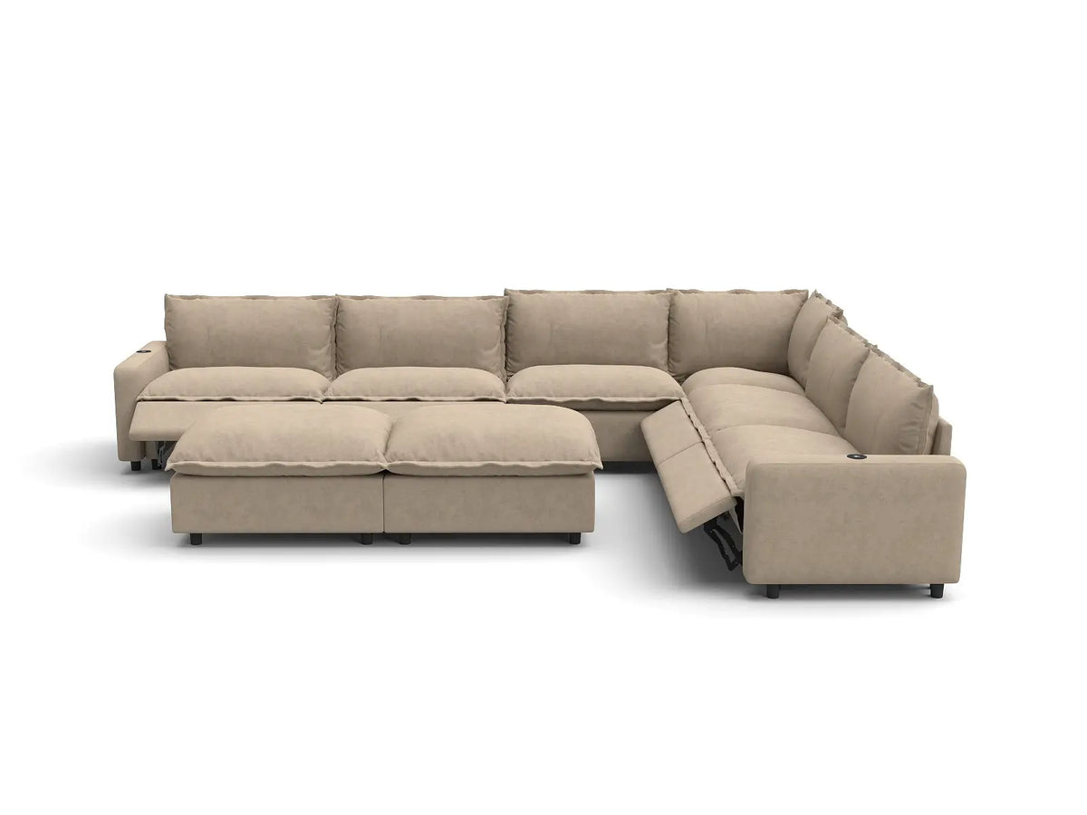 Modular Cero Reclining Sectionals | 8-Piece Khaki Linen Open Space Sofa Sets 6-Seater with 2-Ottomans