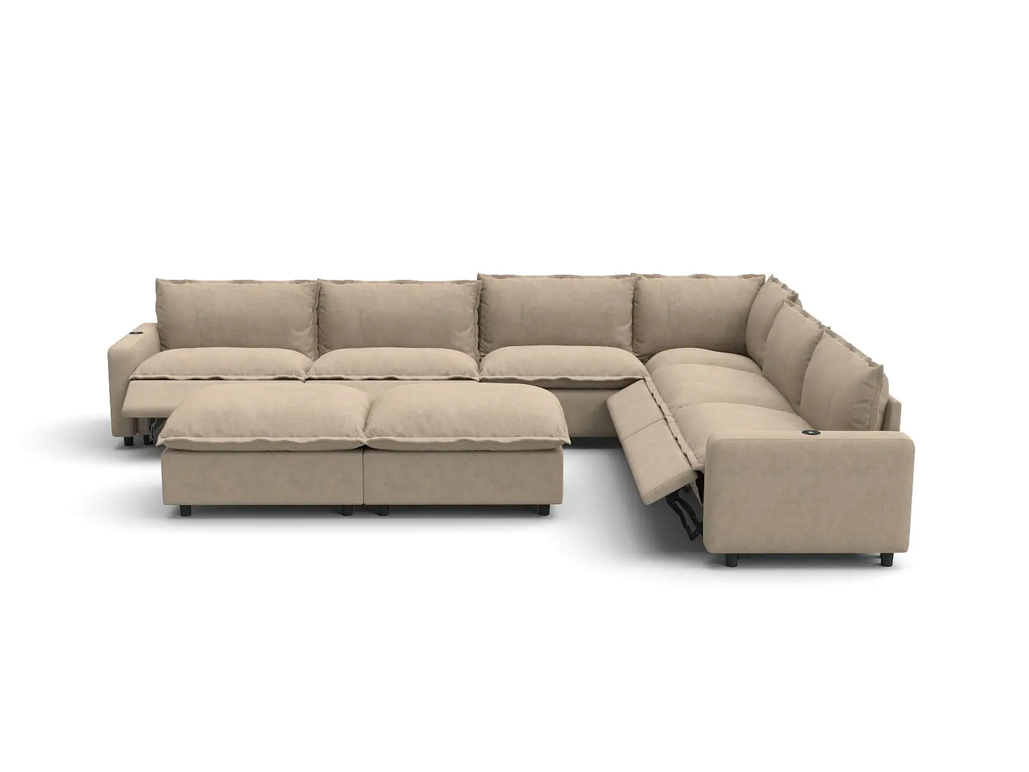 Modular Cero Reclining Sectionals | 8-Piece Khaki Linen Open Space Sofa Sets 6-Seater with 2-Ottomans