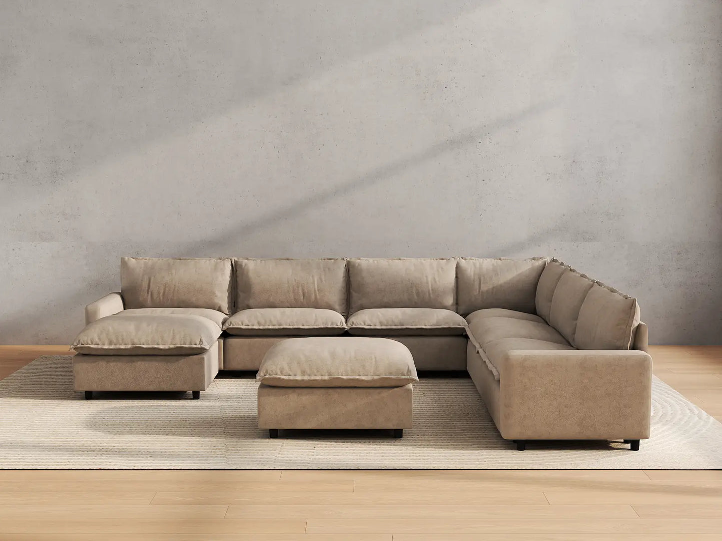 Modular Cero Modular Sectionals | 8-Piece Khaki Linen Open Space Sofa Sets 6-Seater with 2-Ottomans
