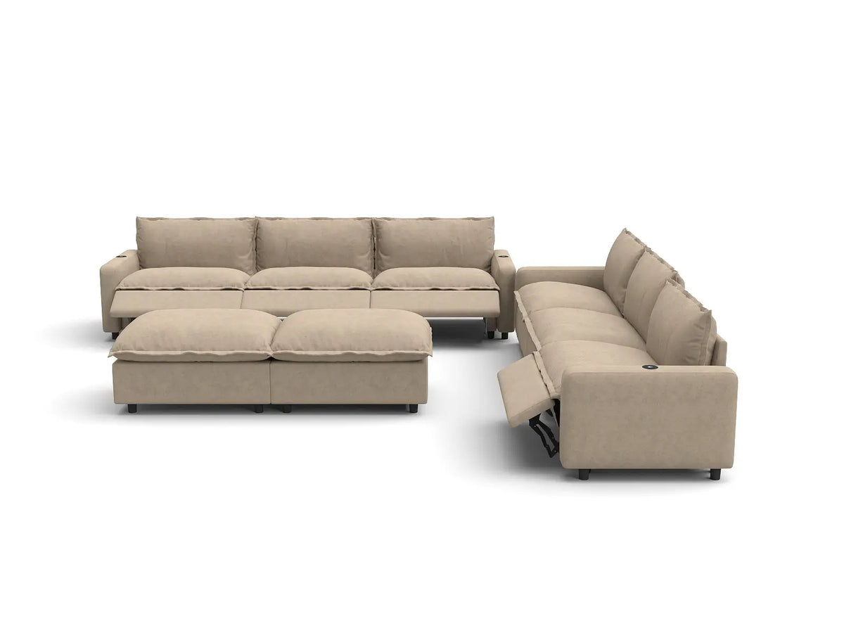 Modular Cero Reclining Sectionals | 8-Piece Khaki Linen Open Space Sofa Sets 6-Seater with 2-Ottomans