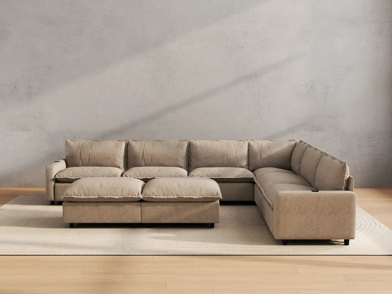 Modular Cero Recliner and Sofa Set | 8-Piece Khaki Linen Open Space Sofa Sets 6-Seater with 2-Ottomans