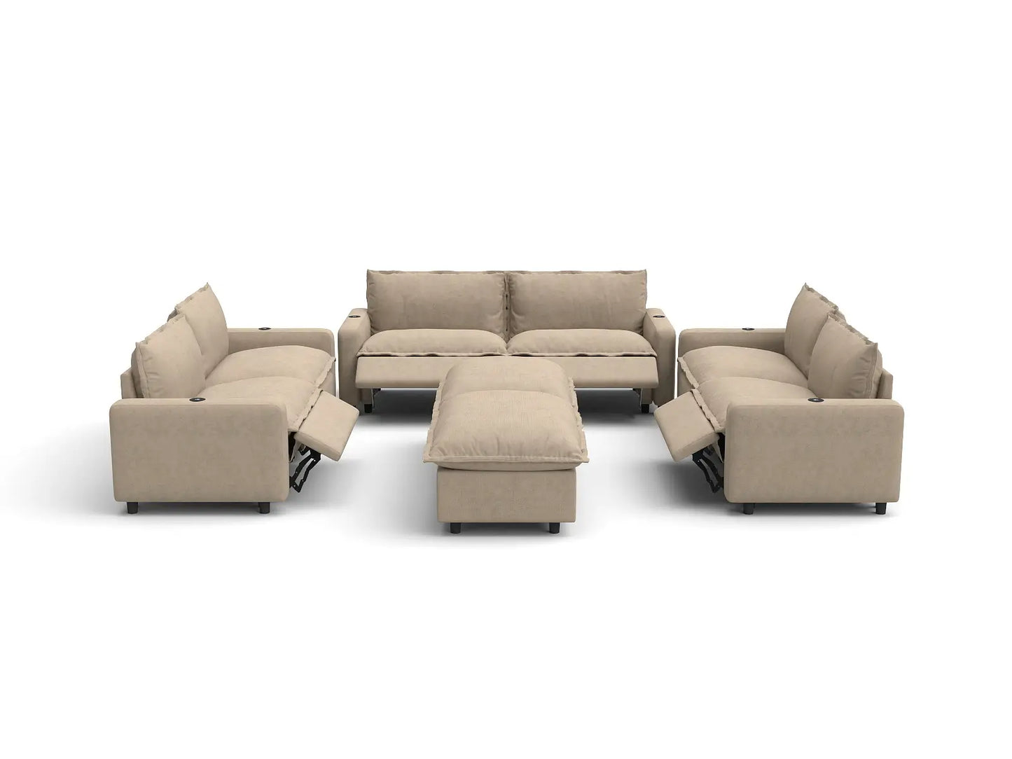 Modular Cero Reclining Sectionals | 8-Piece Khaki Linen Open Space Sofa Sets 6-Seater with 2-Ottomans