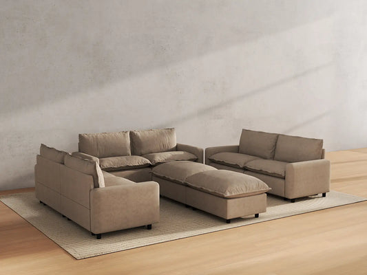 Modular Cero Modular Sectionals | 8-Piece Khaki Linen Open Space Sofa Sets 6-Seater with 2-Ottomans