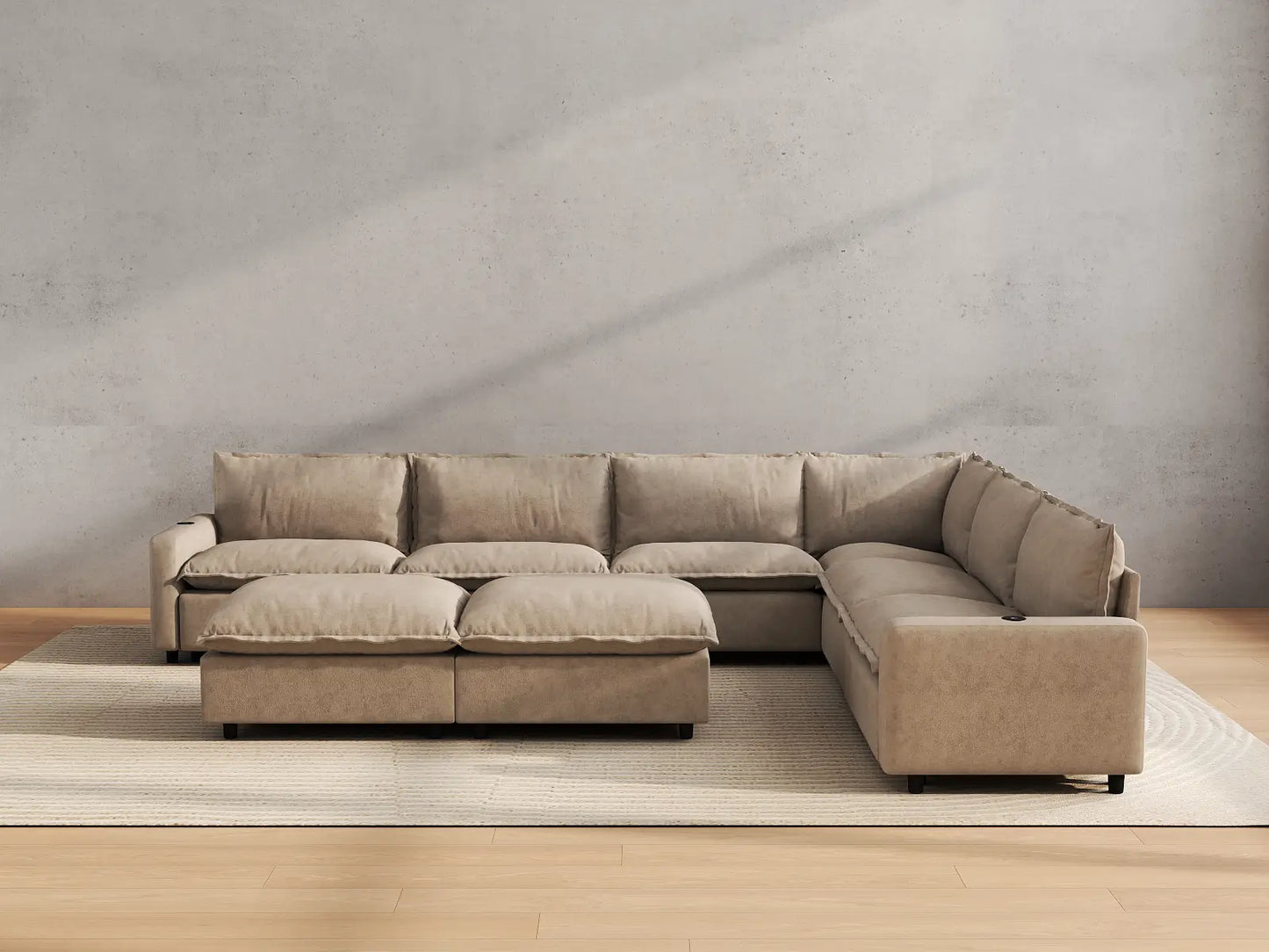 Modular Cero Reclining Sectionals | 8-Piece Khaki Linen Open Space Sofa Sets 6-Seater with 2-Ottomans