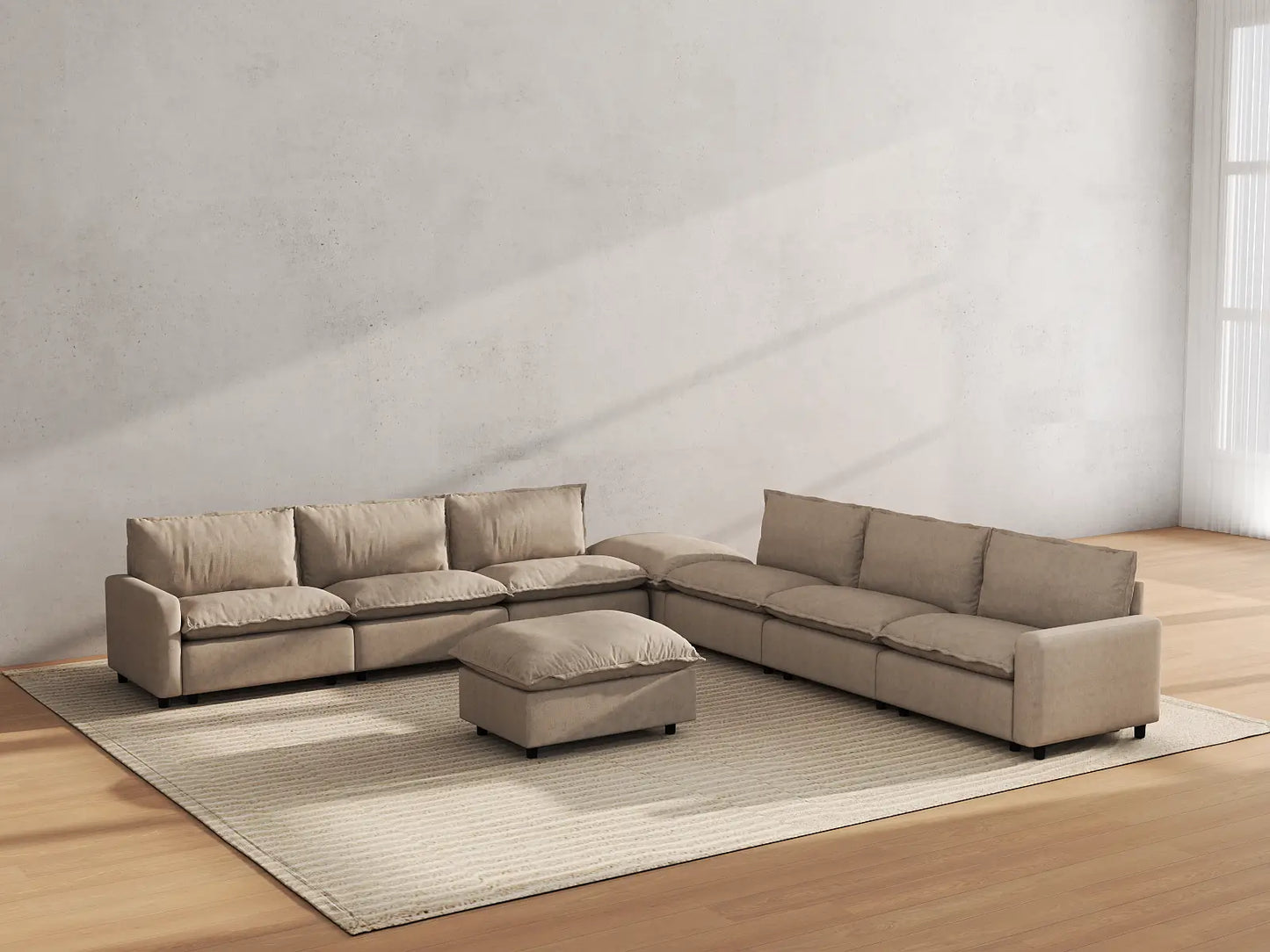 Modular Cero Modular Sectionals | 8-Piece Khaki Linen Open Space Sofa Sets 6-Seater with 2-Ottomans